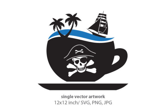 Coffee Cup with Pirate Skull, Sea Waves Graphic