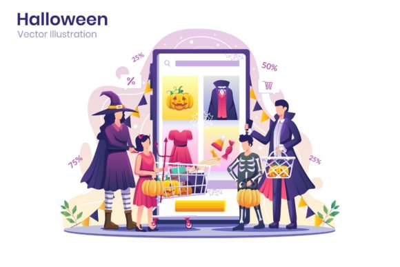 Halloween Shopping Flat Illustration for Graphics and Illustrations