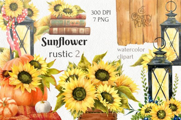 Watercolor Fall Sunflower Rustic Art Graphics